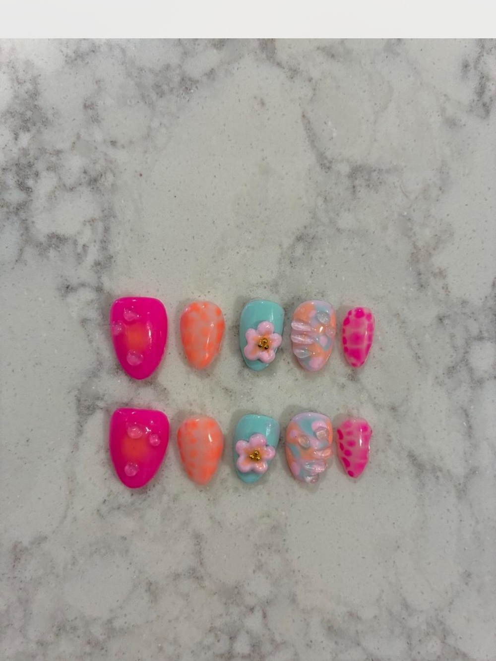 Handmade Colorful Press-On Nail Set — Pink, Coral & Mint Floral Accents
